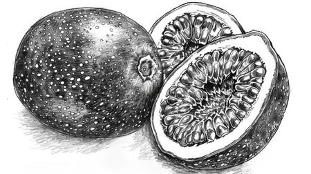 Sketch of a whole and halved passionfruit, highlighting its seedy interior.の素材