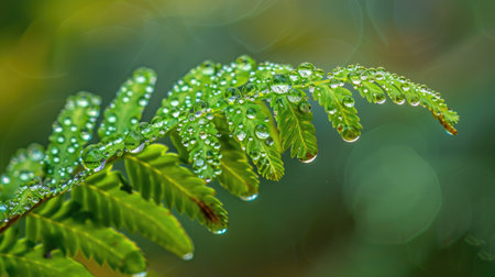 Morning dew on a fern leaf, with droplets highlighting the intricate structure.の素材