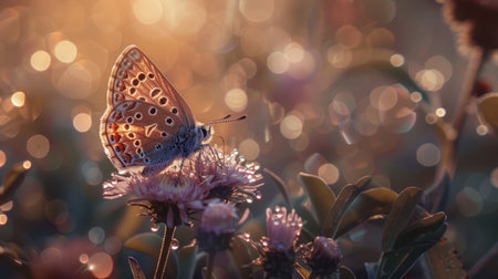 Morning dew on a butterfly perched on a flower, with droplets glistening in the light.の素材