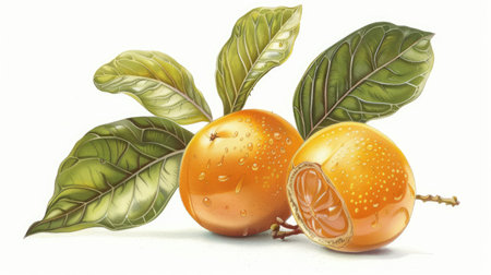 Illustration of a loquat, with its smooth skin and leaf attached.の素材