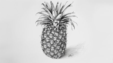 Sketch of a pineapple with its spiky leaves and textured skin.の素材