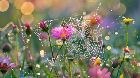 Morning dew on a spider web among colorful wildflowers, creating a magical scene.の素材
