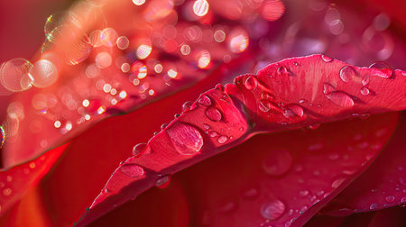 Morning dew on the petals of a vibrant red rose, with each droplet reflecting light.の素材