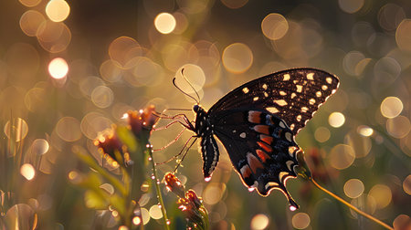 Morning dew on a butterfly's wings, creating a glittering effect in the early light.の素材