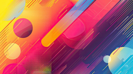 A bright, abstract background with a mix of vibrant, geometric shapes.の素材