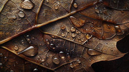 A close-up of a leaf with intricate veins and dew drops.の素材
