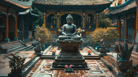 A Buddha statue in a courtyard, surrounded by traditional architecture.の素材
