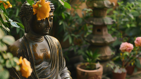 A bronze Buddha statue with a patina finish, set in a tranquil garden.の素材