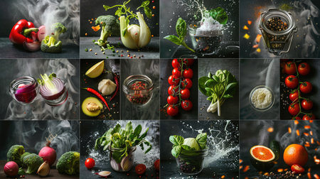 A collection of 8 pictures featuring vegetables and fruits in cooking preparations.の素材