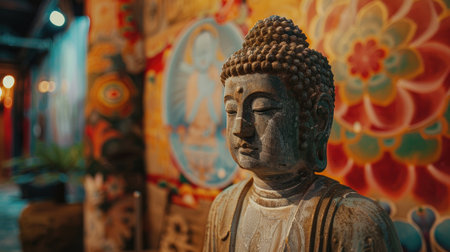 A Buddha statue in a temple, with colorful murals in the background.の素材