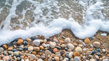 A close-up of a smooth pebble beach with gentle waves.の素材