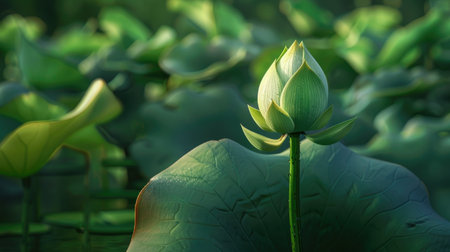 A close-up of a lotus bud just beginning to open, surrounded by lush green leaves.の素材