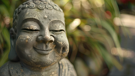A close-up of a Buddha statue's smile, radiating peace and contentment.の素材