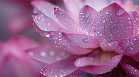 A close-up of a lotus flower with water droplets glistening on its petals.の素材