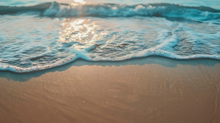 A close-up of a sandy beach with gentle waves lapping at the shore, creating a tranquil beach background.の素材
