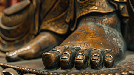A close-up of the feet of a Buddha statue, highlighting the intricate design.の素材
