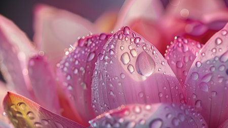A close-up of a lotus flower with water droplets glistening on its petals.の素材