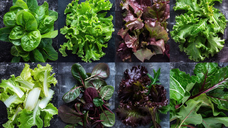 A compilation of 8 images depicting a variety of leafy greens in salads.の素材