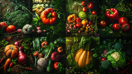 A collection of 8 pictures of vegetables and fruits in vibrant garden settings.の素材