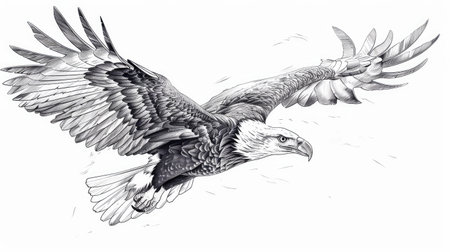 A detailed line drawing of a bald eagle soaring through the sky.の素材
