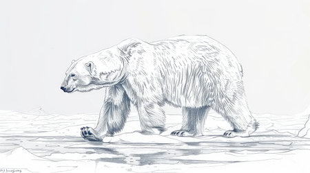 A delicate line drawing of a polar bear walking on the Arctic ice.の素材