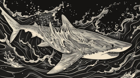 A detailed line drawing of a shark swimming in the sea.の素材