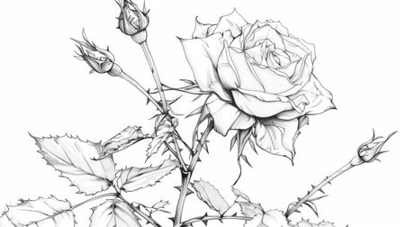 A detailed line drawing of a rose with thorny stems.の素材