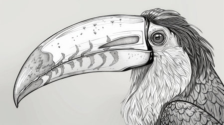 A detailed line drawing of a toucan with its distinctive beak.の素材