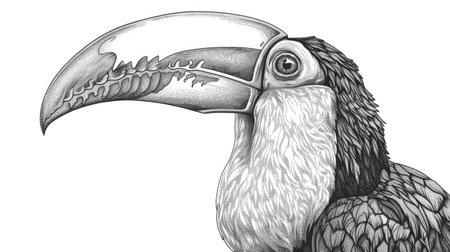 A detailed line drawing of a toucan with its distinctive beak.の素材