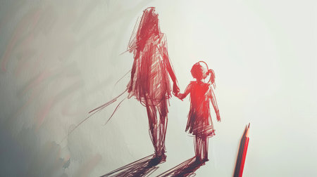 A detailed sketch of a mother and daughter holding hands, conveying a strong bond.の素材