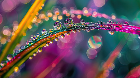 Dew droplets on a blade of grass, magnifying the grass's texture and color.の素材