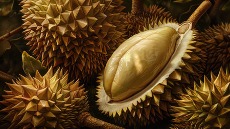 Detailed illustration of a durian, with its spiky exterior and soft interior.の素材