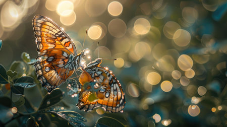 Morning dew on a butterfly's wings, creating a glittering effect in the early light.の素材