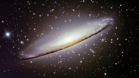 The Sombrero Galaxy, with its bright core and distinctive dust lane, surrounded by stars.の素材