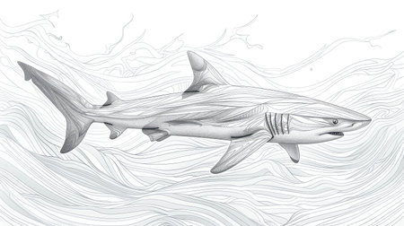 A detailed line drawing of a shark swimming in the sea.の素材