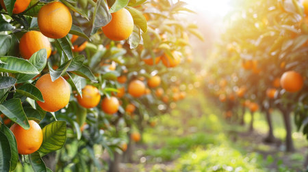 Well-organized orange orchard with trees laden with ripe oranges, showcasing the freshness of the harvest.の素材