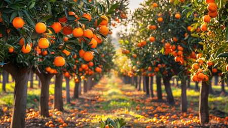Abundant orange orchard with trees filled with ripe fruit, showcasing the essence of the harvest.の素材