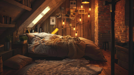 Cozy loft bedroom featuring warm tones, comfortable bedding, and unique lighting fixtures.の素材