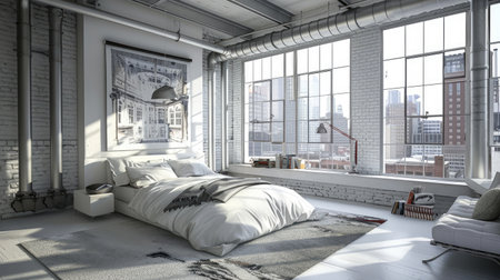 Bright loft bedroom with exposed ductwork, large windows, and a chic, urban vibe.の素材