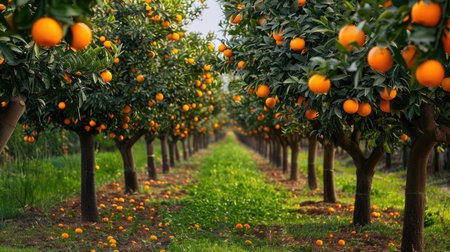 Rows of orange trees filled with ripe fruit in an orchard, capturing the abundance and freshness of harvest season.の素材