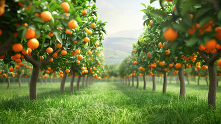 Abundant orange orchard with ripe fruit hanging from trees, symbolizing the freshness of the harvest season.の素材