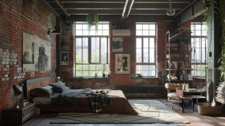 Industrial loft bedroom with exposed brick walls, metal accents, and contemporary furniture.の素材