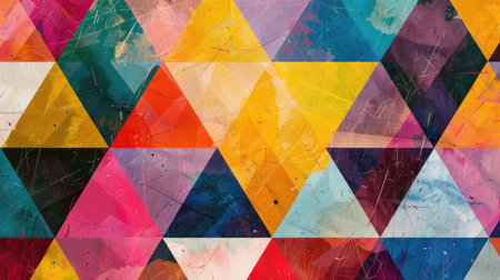 A colorful background with a pattern of playful, overlapping triangles.の素材