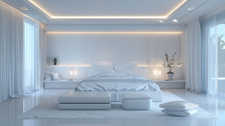 Elegant white bedroom with a modern design, sleek furniture, and soft lighting creating a tranquil environment.の素材