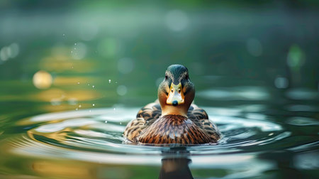 A happy duck swimming in a pond, its face reflecting joy and contentment.の素材