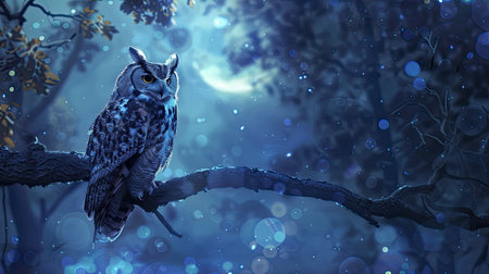 A lonely owl perched on a tree branch, gazing into the night with a sense of solitude.の素材