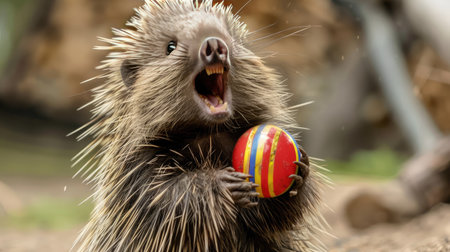 A joyful porcupine playing with a ball, its face beaming with happiness.の素材