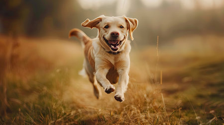 A joyful dog jumping in the air, its face beaming with happiness and excitement.の素材