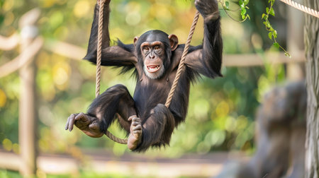 A joyful chimpanzee swinging from a vine, its face beaming with happiness.の素材