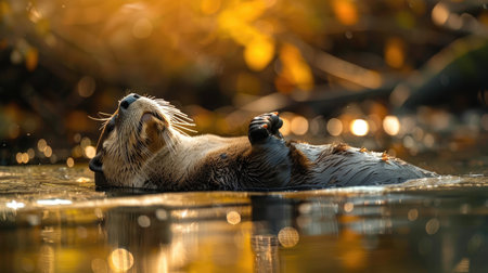 A happy otter floating on its back in a river, its face reflecting joy and contentment.の素材
